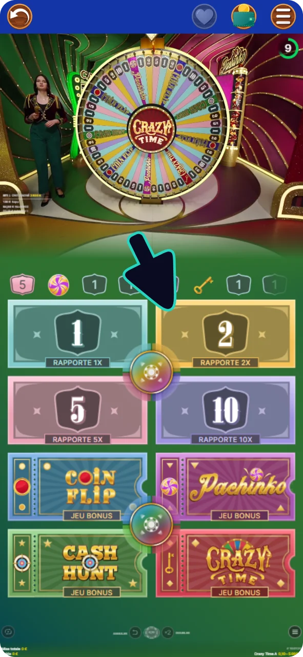 Placez votre mise pour commencer à jouer à Crazy Time sur Lucky Treasure sur votre appareil Android.