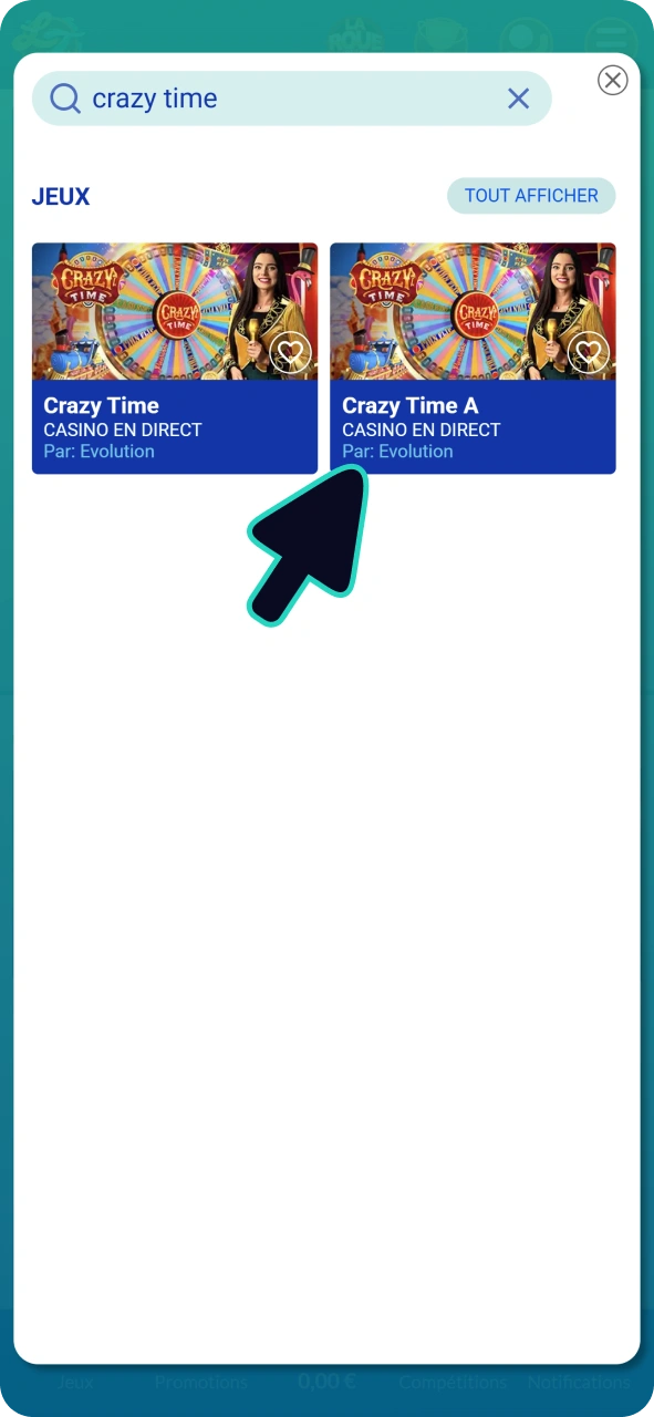 Retrouvez Crazy Time sur Lucky Treasure via votre navigateur Android.