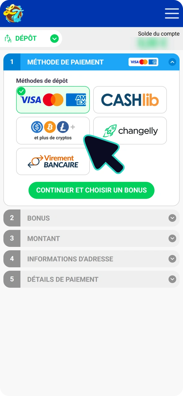 Effectuez un dépôt pour les paris Crazy Time chez Lucky Treasure.