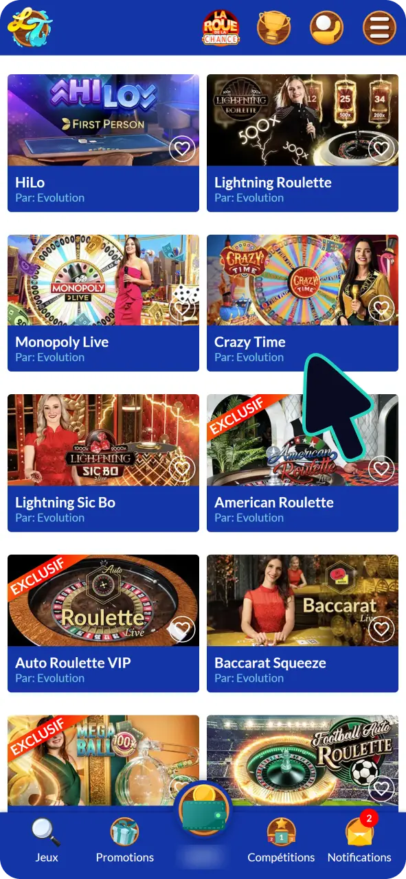 Découvrez le jeu Crazy Time au casino Lucky Treasure.