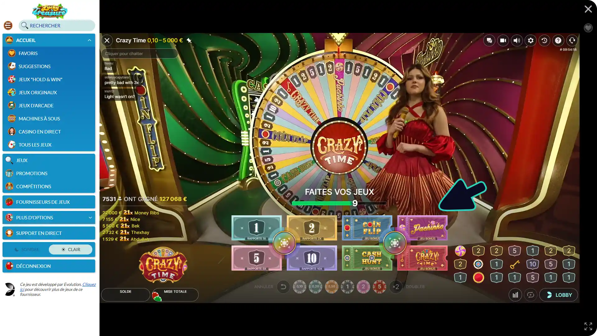 Pariez et gagnez à Crazy Time sur le casino Lucky Treasure sur votre appareil Windows.