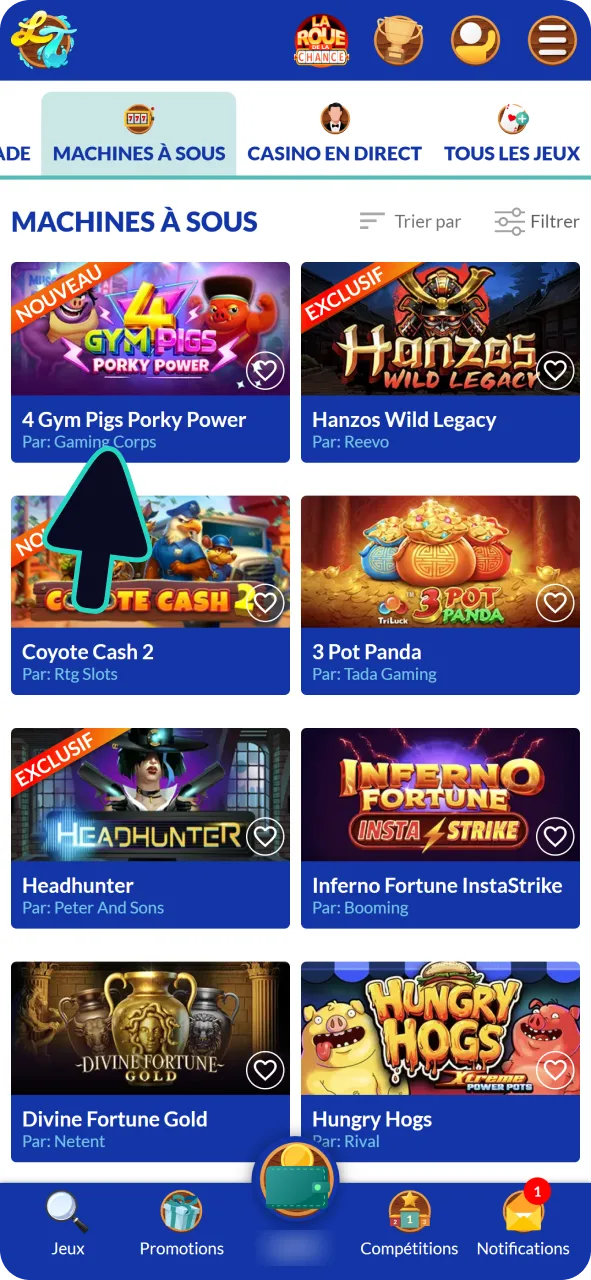 Choisissez la machine à sous à laquelle vous souhaitez jouer au casino Lucky Treasure.