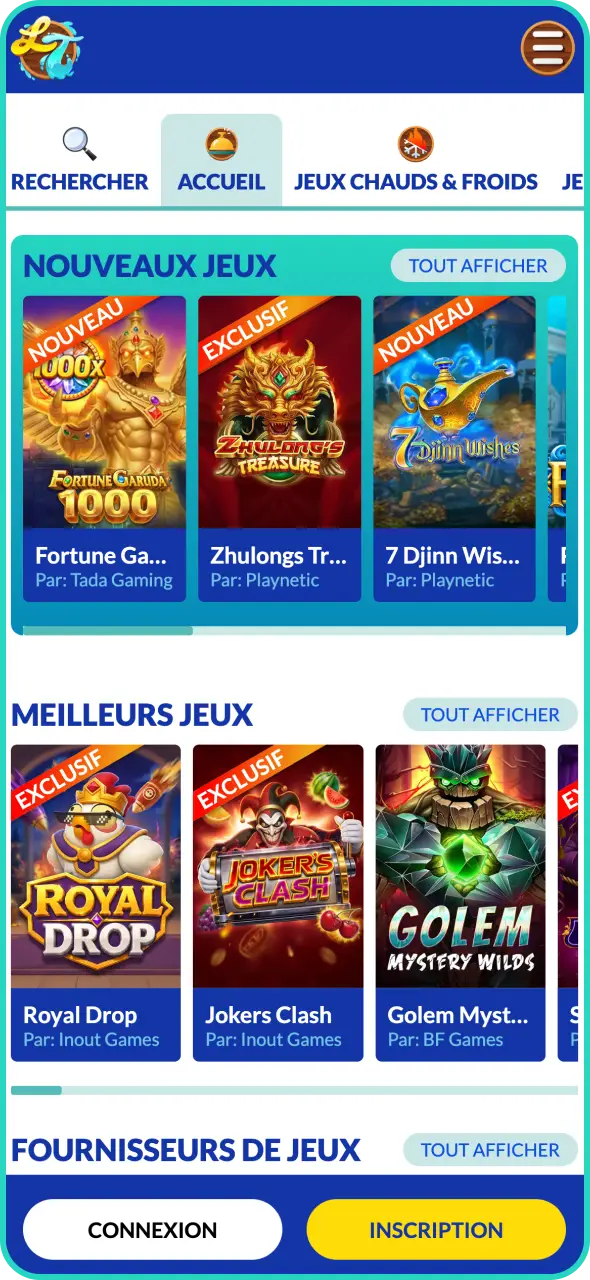 Explorez la vaste sélection de jeux directement sur l'application Lucky Treasure.