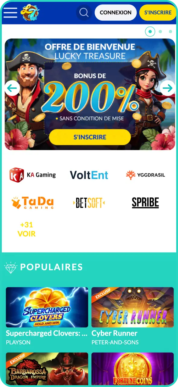 Accédez à l'interface principale de la Lucky Treasure app depuis votre mobile.