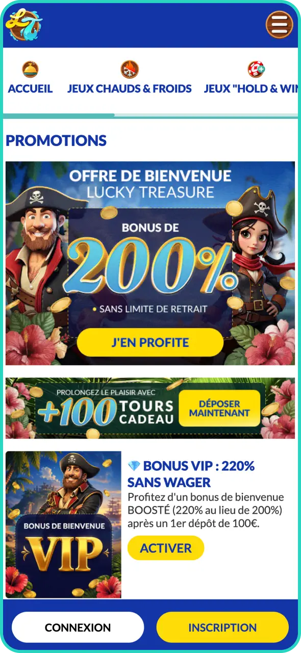 Profitez des meilleures promotions disponibles sur l'application Lucky Treasure.