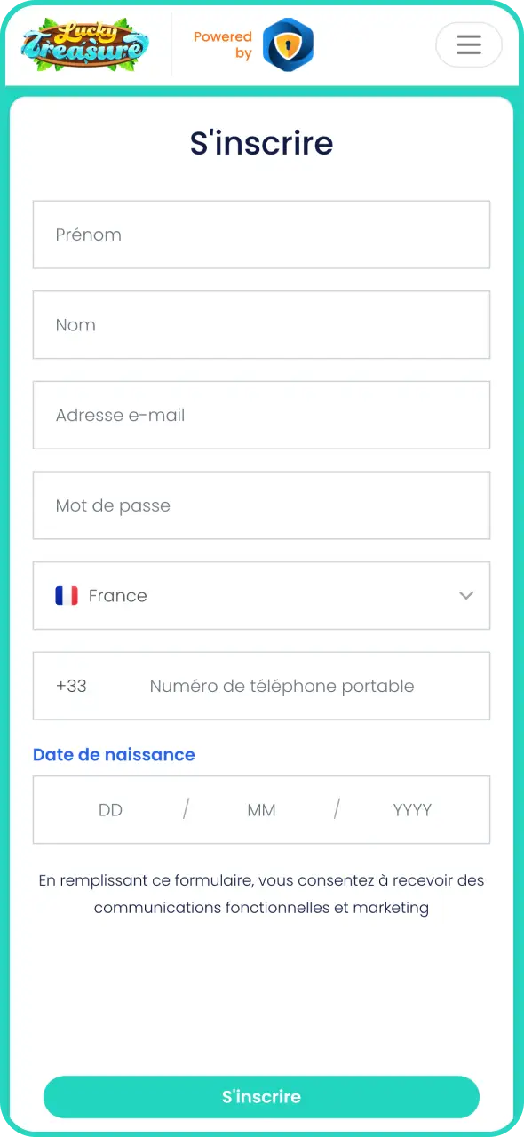 Utilisez l'interface d'inscription de l'application Lucky Treasure pour créer votre compte.